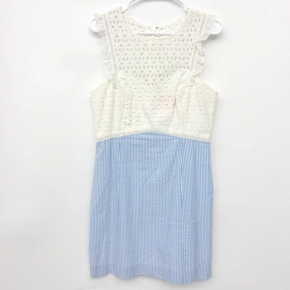 Lilly Pulitzer Seersucker Eyelet Ruffle Sheath Dress Womens 10 Blue White